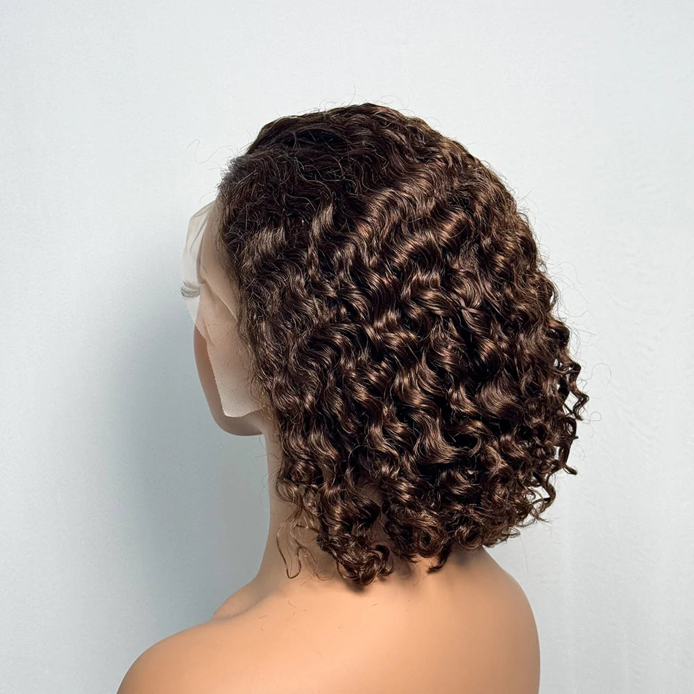 250% Density Double Drawn 12A 10 Inches Bob Pixie Cut Water Wave Curly Human Hair Wig 13x4 Transparent Lace Front Human Hair Wig