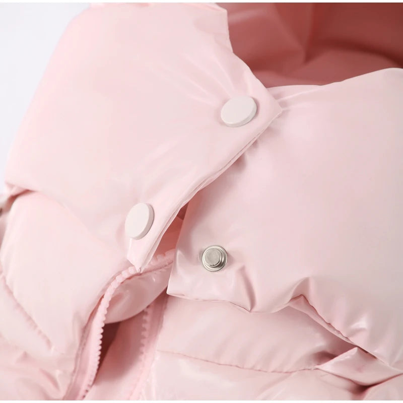 Women Glossy Surface Hooded Padded Jacket Fashion Faux Fur Zipper Cropped Jackets Lady