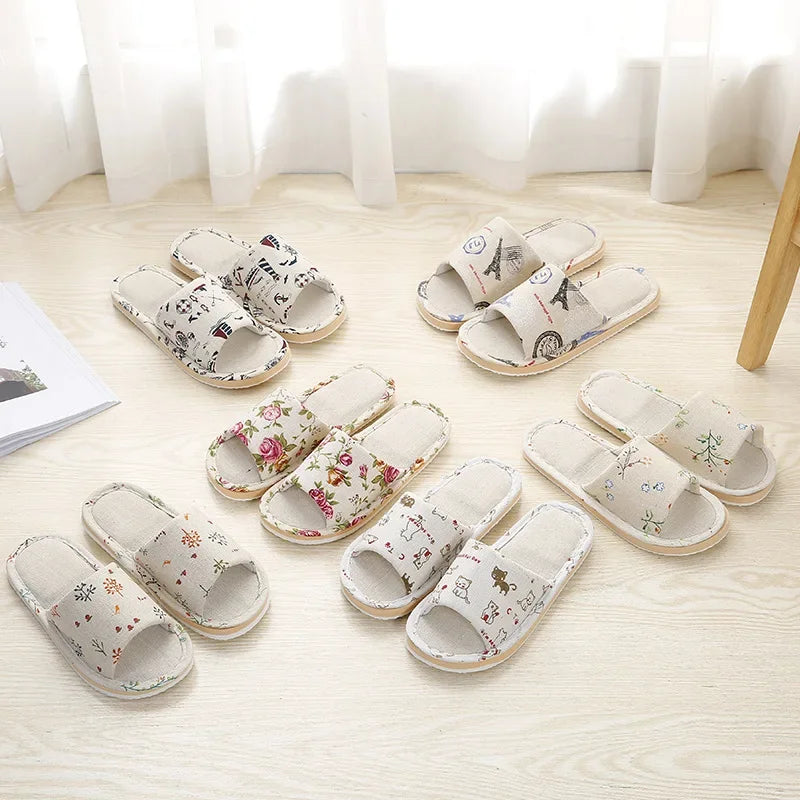 Four Season Linen Home Slippers – Women’s Indoor Non-Slip Floral Slides with Cartoon Cat Design