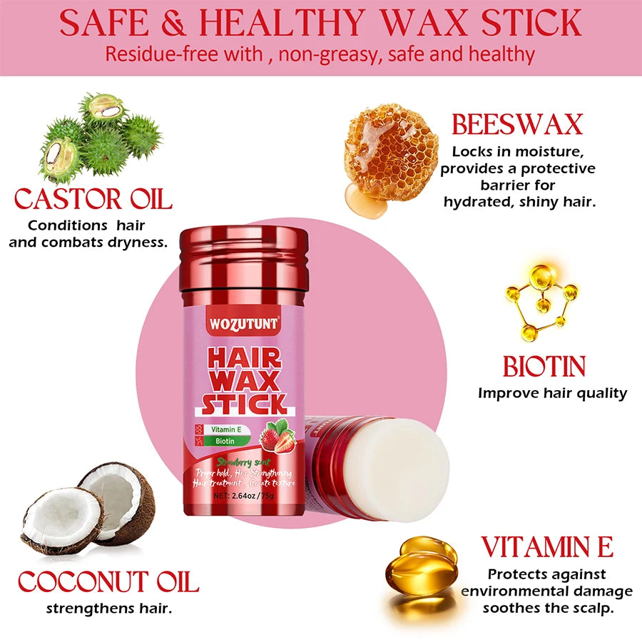 Strawberry Hair Wax Stick – Vitamin E Styling Pomade for Frizz Control & Texture