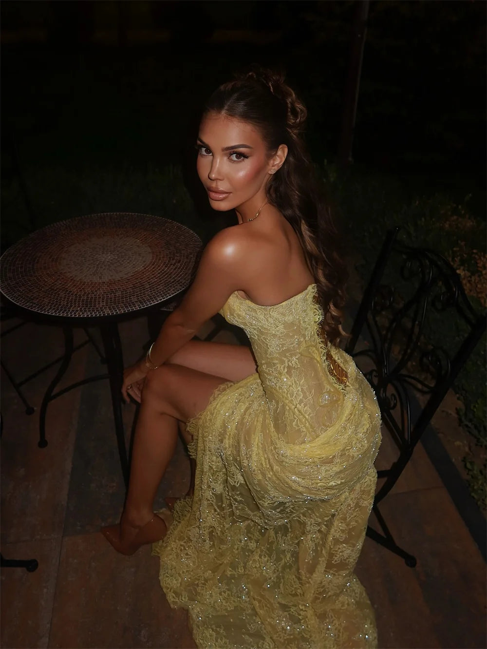 Yellow Mermaid Lace Embroidery Prom Dresses Sequins Sleeveless vestidos de noiva Side High Split Formal Evening