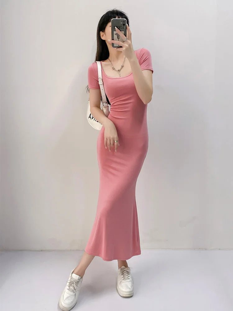 Long Dresses Women Solid Simple Elegant Partywear Gentle Trumpet Vestidos Slim French Vintage Night Club Temper Womens Daily