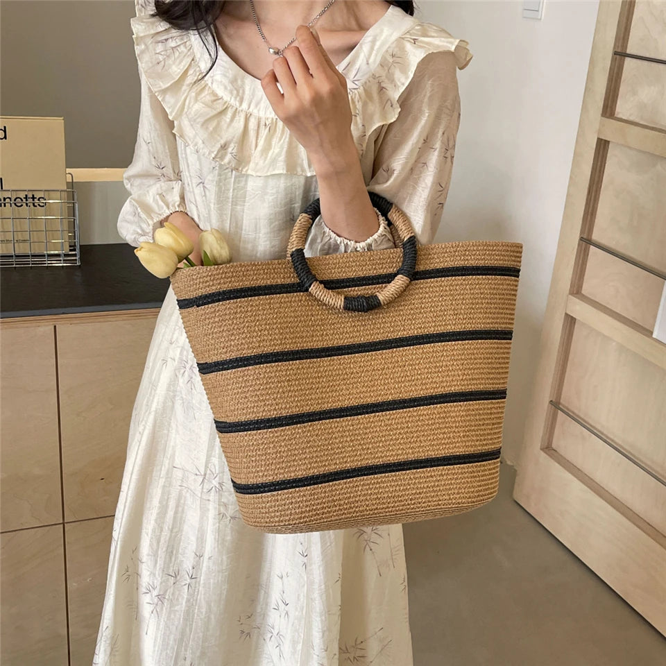 Handmade Woven Straw Beach Bag – Women’s Summer Shoulder Tote Handbag
