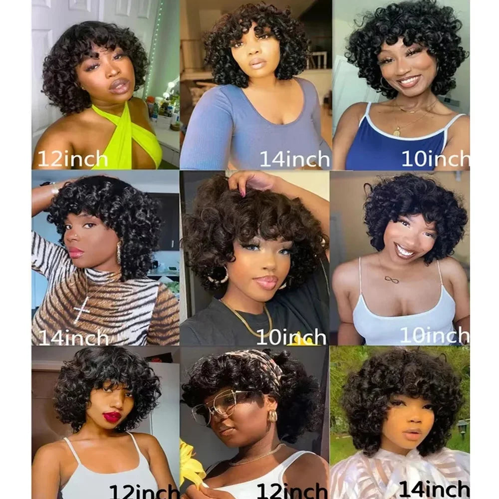 Bouncy Curly Human Hair Wig with Bangs – Pixie Cut Bob, Loose Wave 100% Remy Machine-Made Wig (200% Density)