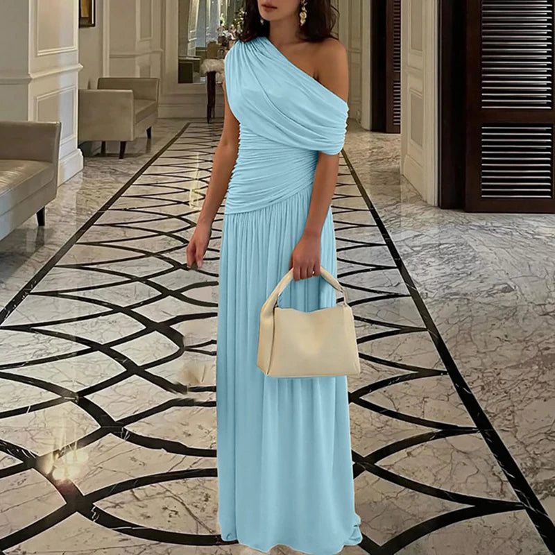 ELSVIOS Women’s High Waist Pleated Maxi Dress – Sexy One Shoulder Summer Party Dress