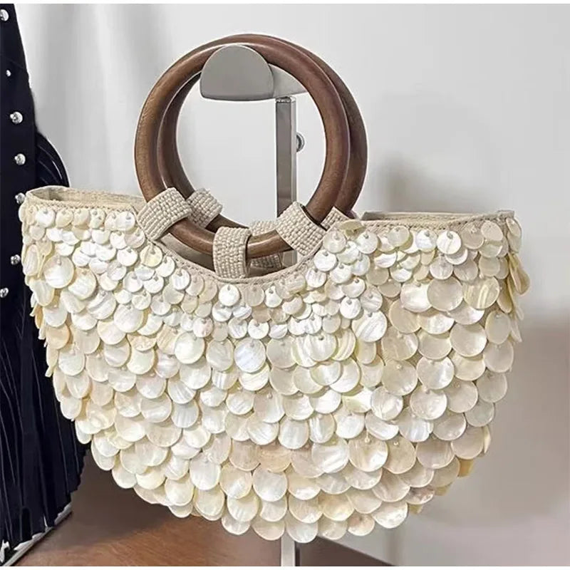 Handmade Shell Embroidery Woven Tote Bag – Luxury Straw Bucket Handbag with Wooden Handle