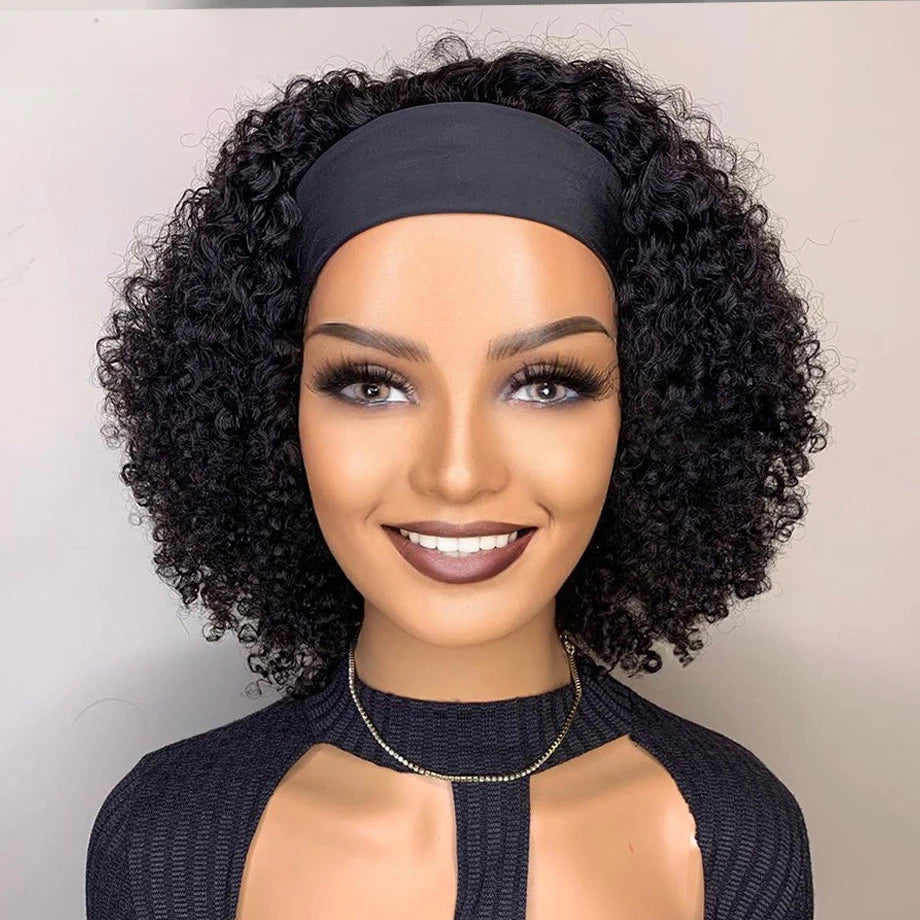 Short Kinky Curly Headband Wig – 100% Brazilian Human Hair, Full Machine Made Glueless Wig (Remy, Curly Wave)
