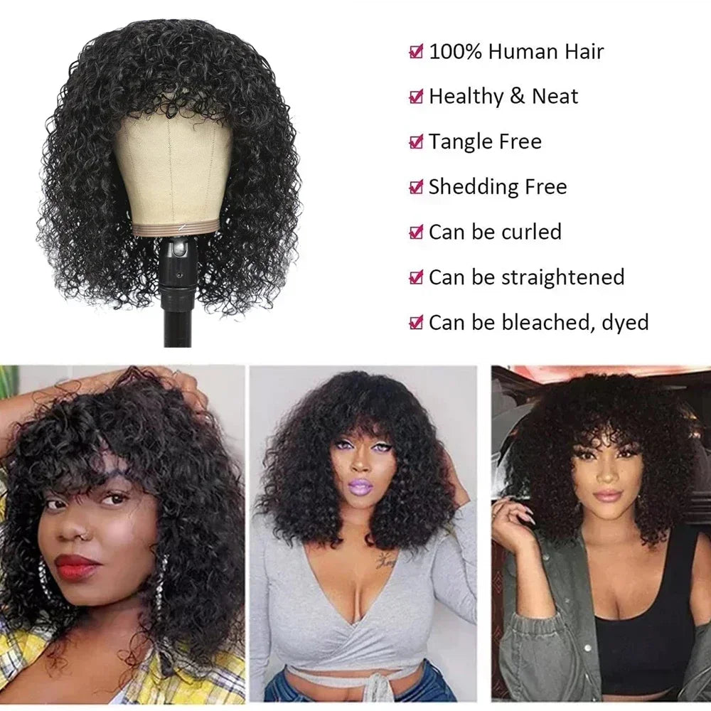 Curly Human Hair Wig with Bangs – 180% Density Water Wave Virgin Brazilian Wig, Glueless Full Machine Made for Black Women