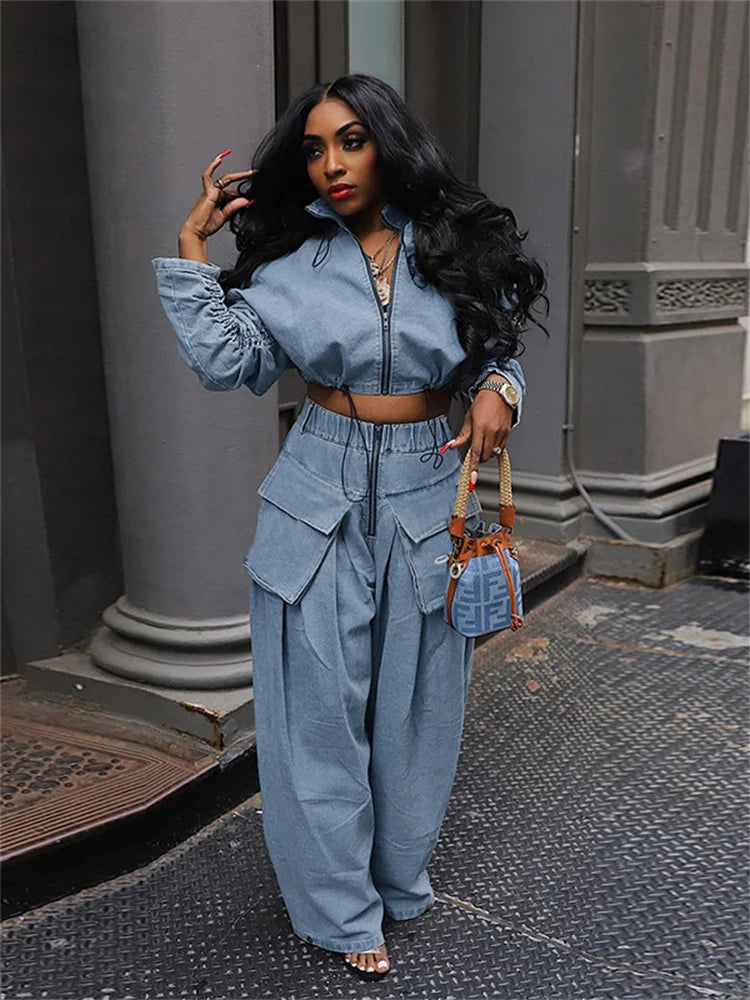 Jeans Women High Waist Denim Bottom Boy Friend Straight Cargo Pockets Zip Pants Korean Streetwear
