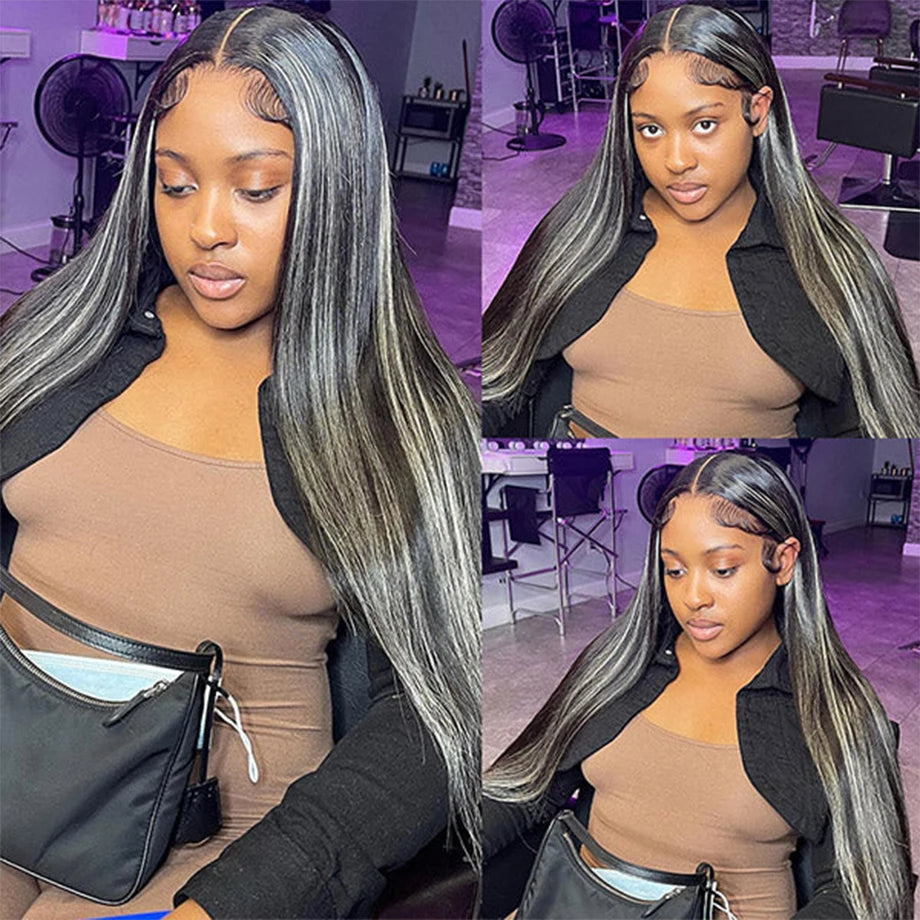 34Inch Straight Highlight Lace Frontal Wigs Human Hair Silver Grey And Black Colored Lace Front Wig For Women HD Transparent