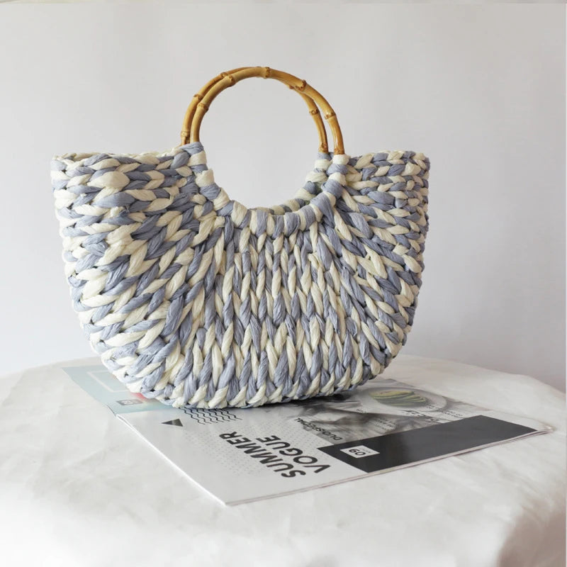 Handmade Shell Embroidery Woven Tote Bag – Luxury Straw Bucket Handbag with Wooden Handle