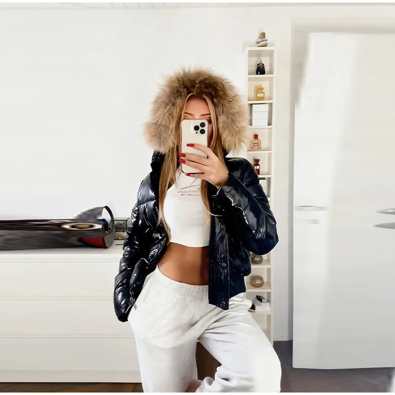 Women Glossy Surface Hooded Padded Jacket Fashion Faux Fur Zipper Cropped Jackets Lady