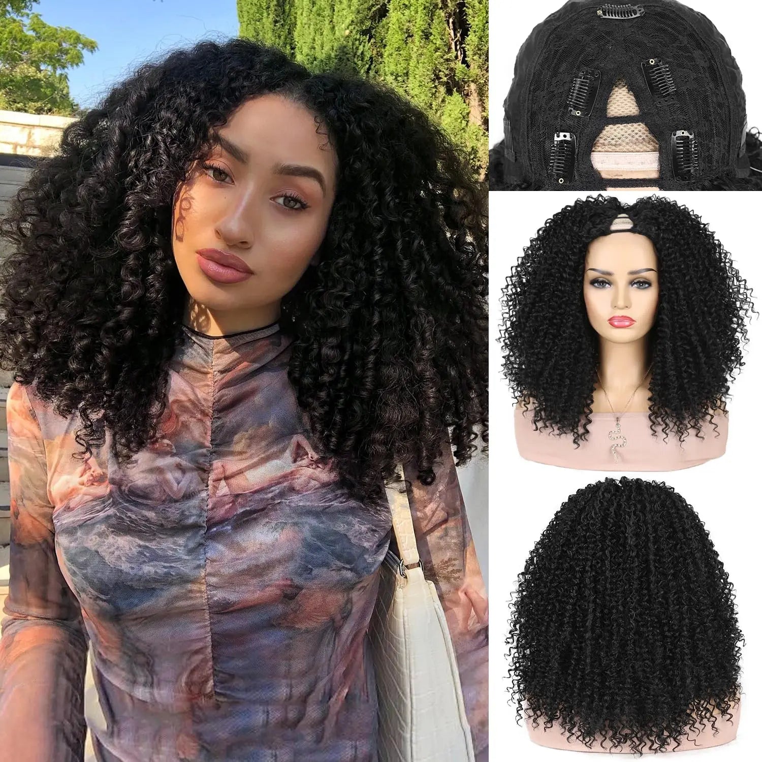 Afro Kinky Curly V Part Wig Human Hair 200% Afro Curly V Part Wig 10-24 Inch Full Machine Made  Remy Hair V Part Wig For Women