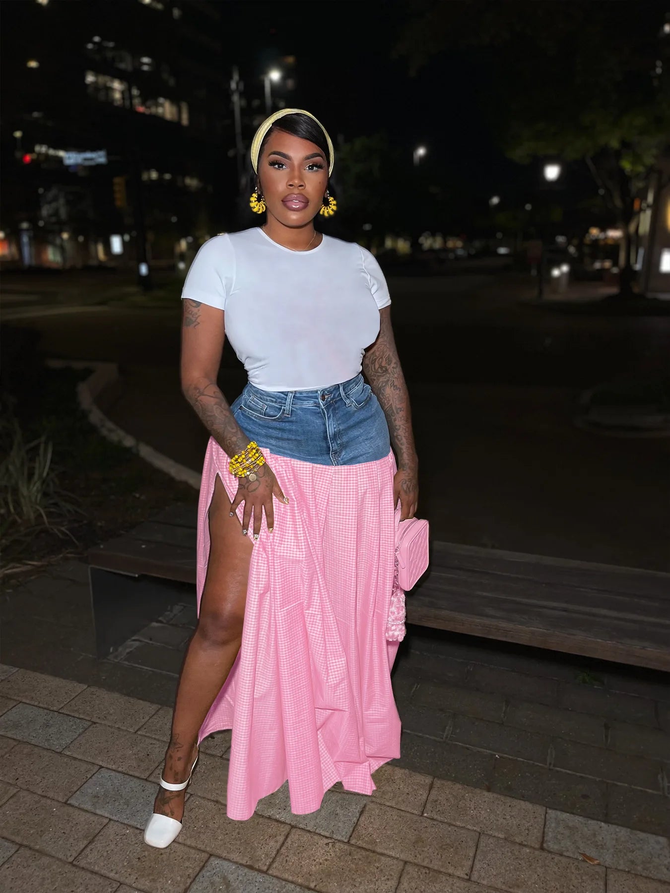 Fashion High Side Split Plaid Denim Patchwork Loose Maxi Long SkirtsSummer Streetwear Classic Party Skirt