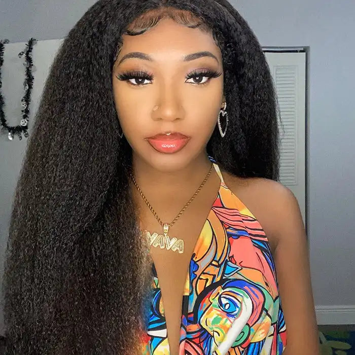 Transparent Kinky Straight 13x6 Lace Frontal Wigs Yaki Straight Human Hair Wig Pre Plucked Remy Lace Closure Wig 250 Density