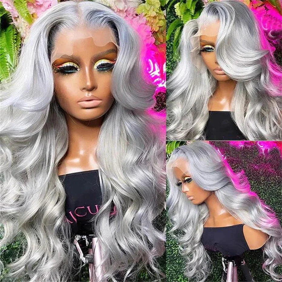 Silver Grey Body Wave Lace Front Wig 13x4 HD Lace Frontal Human Hair Wigs Transparent 100% Brazilian Hair Colored Wigs For Women