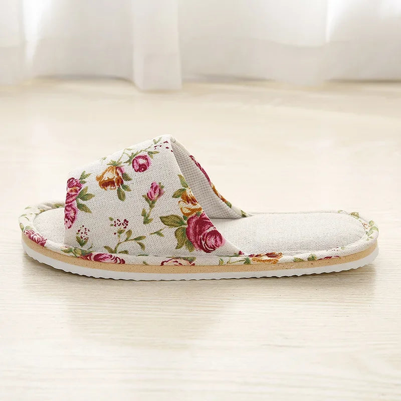 Four Season Linen Home Slippers – Women’s Indoor Non-Slip Floral Slides with Cartoon Cat Design