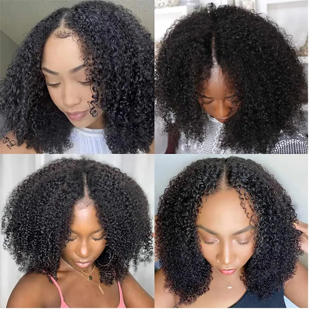 Afro Kinky Curly V Part Wig Human Hair 200% Afro Curly V Part Wig 10-24 Inch Full Machine Made  Remy Hair V Part Wig For Women