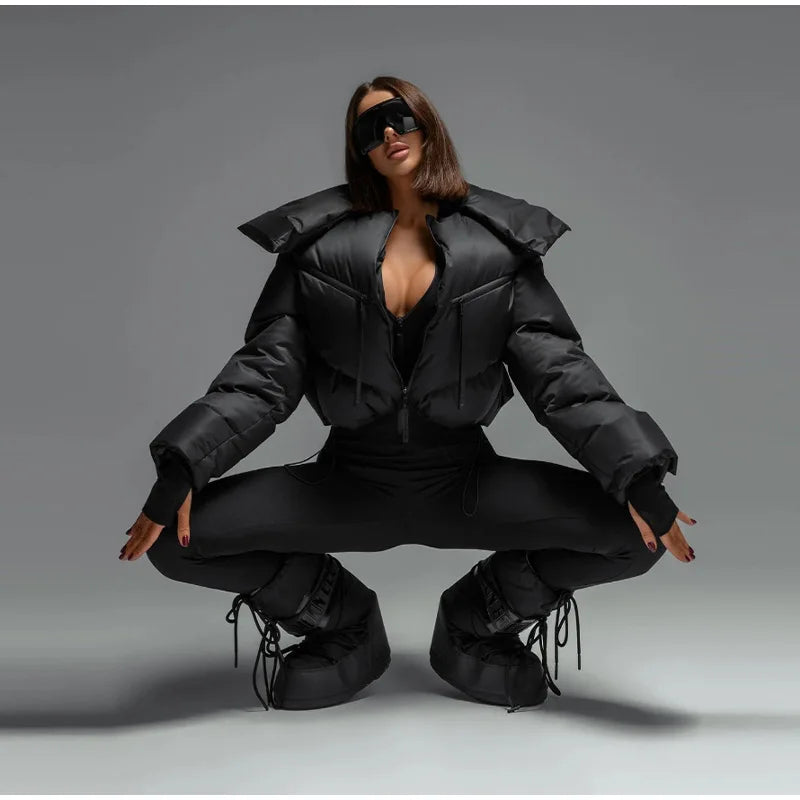 Street Thicken Cotton Women Short Coat Long Sleeve Zippers Pocket Pocket Stand Female