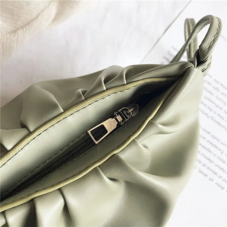 Women’s Pleated Cloud Shoulder Bag – Mini Solid Color Crossbody Handbag with Zipper