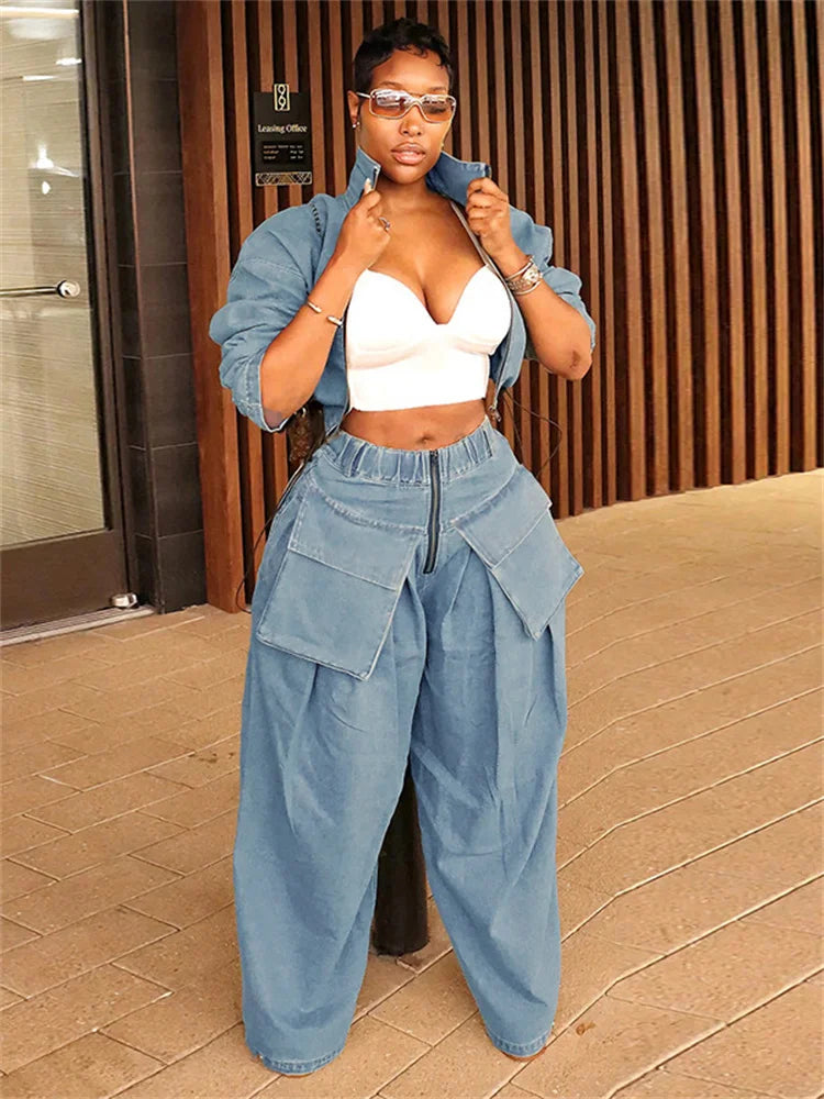 Jeans Women High Waist Denim Bottom Boy Friend Straight Cargo Pockets Zip Pants Korean Streetwear