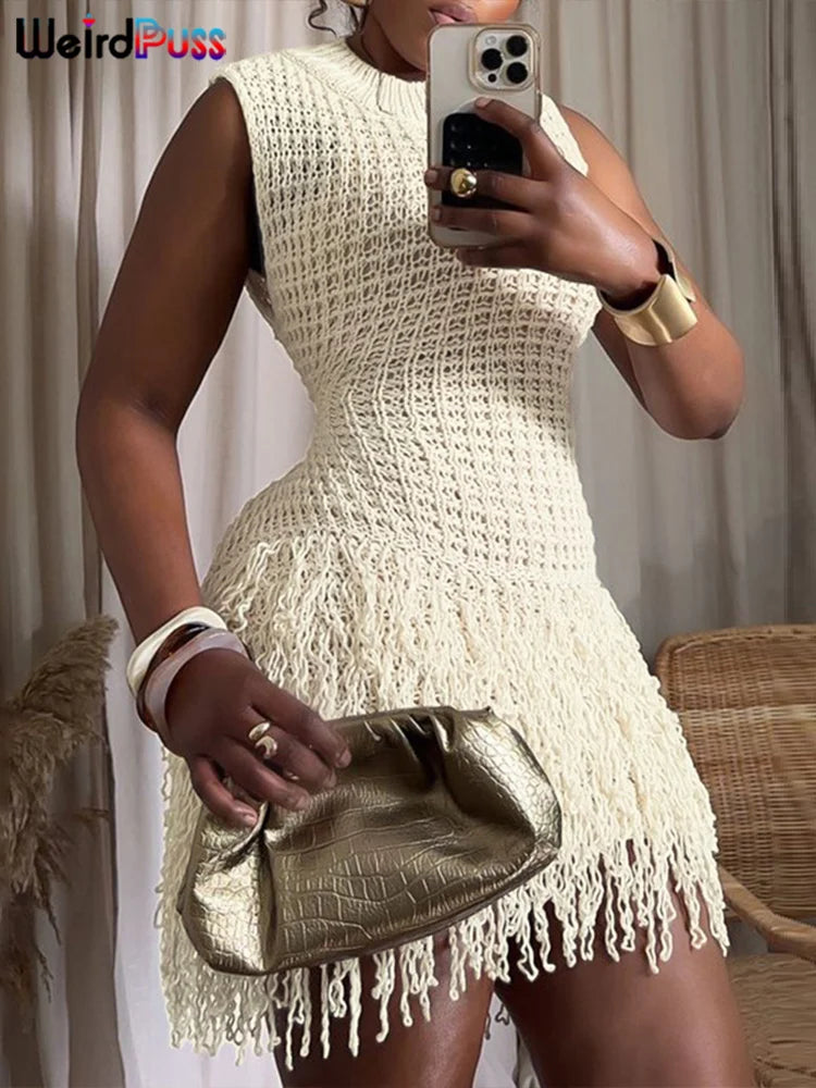 Weird Puss Crochet Dress Women Sexy Chic Y2K Summer Trend Tassel Hem Sleeveless Stretch Fashion Beach Vacation Clubwear Bodycon