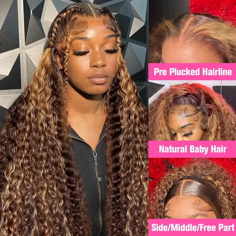 HD 13x6 Brown Lace Front Wig Honey Blonde Colored Curly Human Hair Wigs Highlight Wig Human Hair 13X4 Deep Wave Lace Frontal Wig