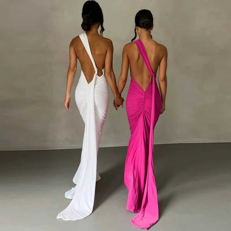 Dulzura Neon Y2K Clothes One Shoulder Sleeveless Backless Ruched Bodycon Maxi Dresses For Women Club Birthday Party Evening Prom