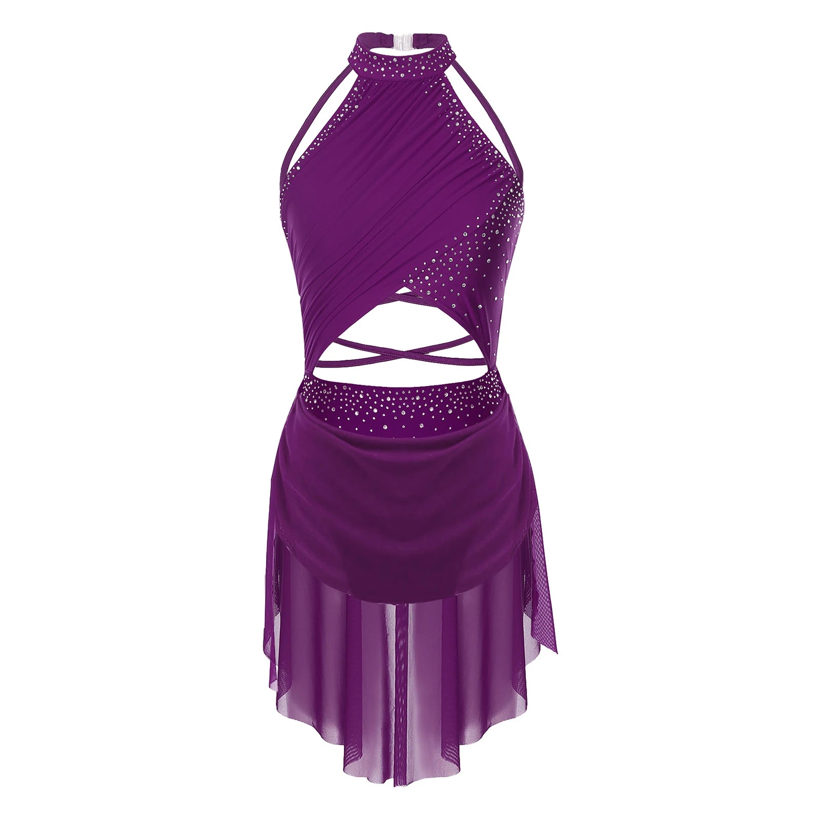 Womens Lyrical Dance Dress Performance Costume Cutout Strappy Backless Sheer Mesh Overlay Glittery Rhinestone Leotard Dress