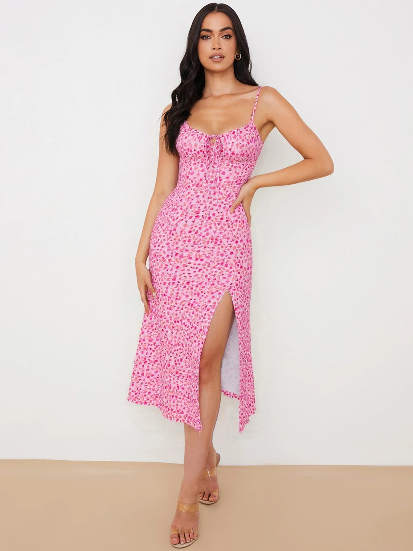 Hugcitar 2025 Floral Satin Slip Maxi Dress – Sleeveless Ruched Bandage Cut Out Party Dress