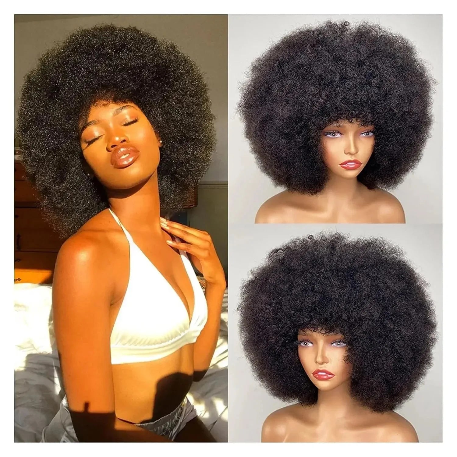 Brazilian Afro Kinky Curly Bob Wigs 200% Density Remy Human Hair Wigs Nature Black Color Wigs With Bang Glueless For Black Women