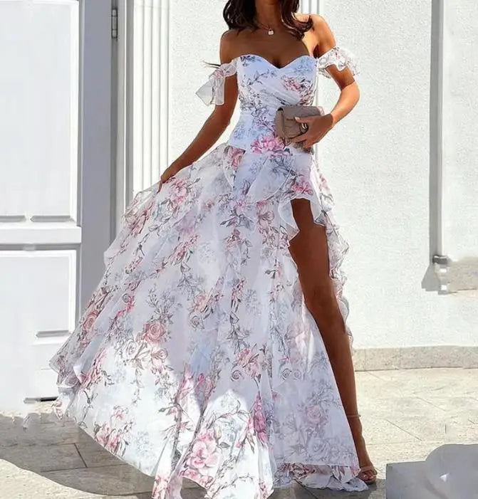 Trendy Off Shoulder Split Waist Dress for Vacation