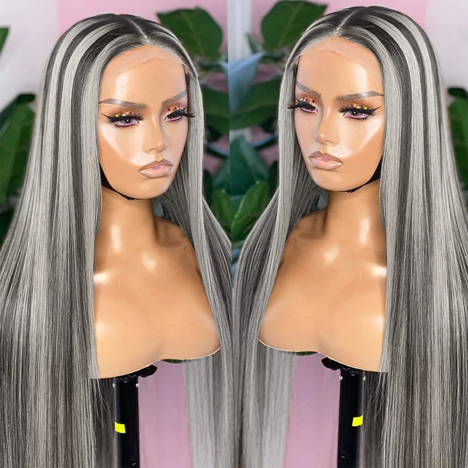 34Inch Straight Highlight Lace Frontal Wigs Human Hair Silver Grey And Black Colored Lace Front Wig For Women HD Transparent