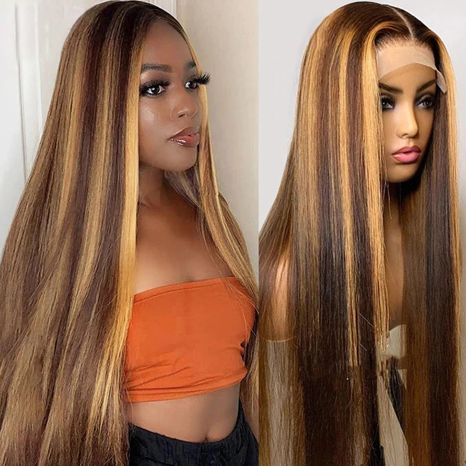 Straight Highlight 13x4 HD Transparent Lace Front Human Hair Wigs Pre Plucked Honey Blonde Colored Lace Frontal Wigs For Women
