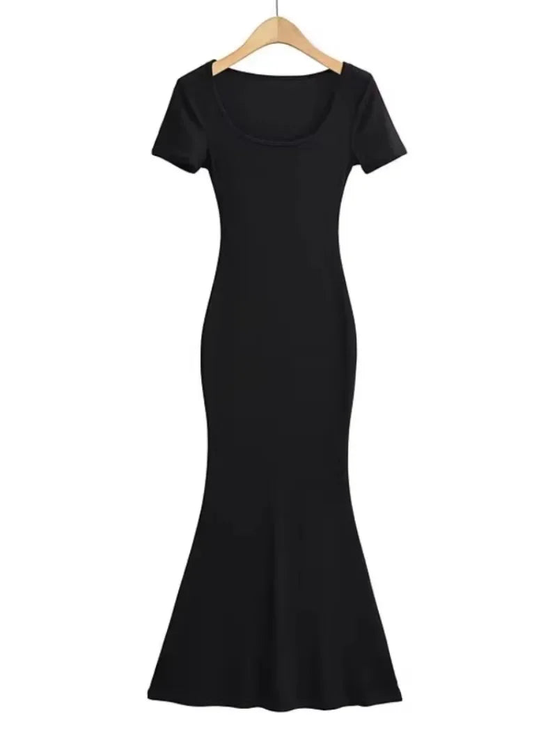 Long Dresses Women Solid Simple Elegant Partywear Gentle Trumpet Vestidos Slim French Vintage Night Club Temper Womens Daily