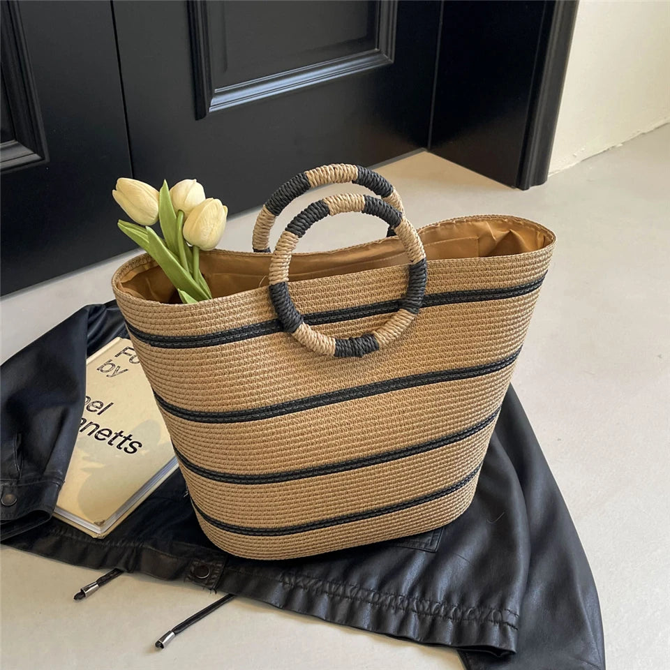 Handmade Woven Straw Beach Bag – Women’s Summer Shoulder Tote Handbag