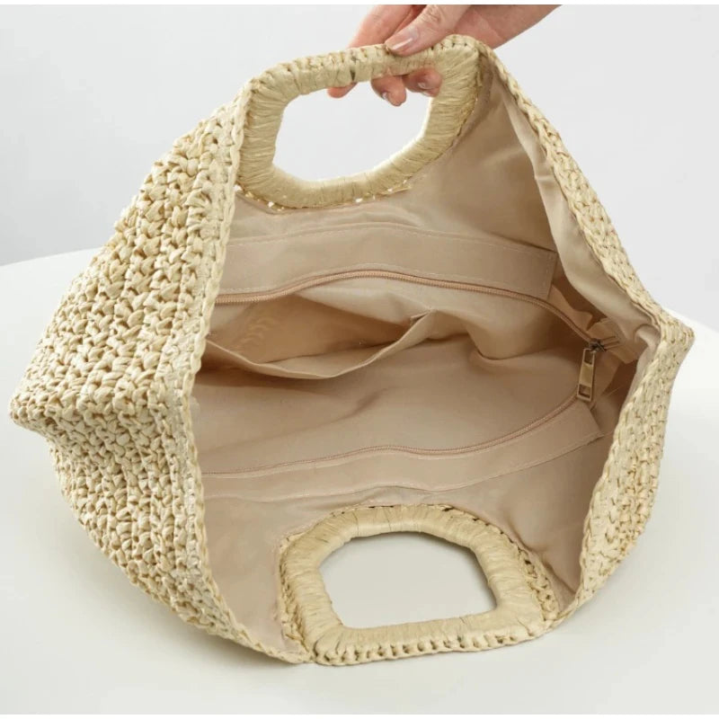 Handmade Shell Embroidery Woven Tote Bag – Luxury Straw Bucket Handbag with Wooden Handle