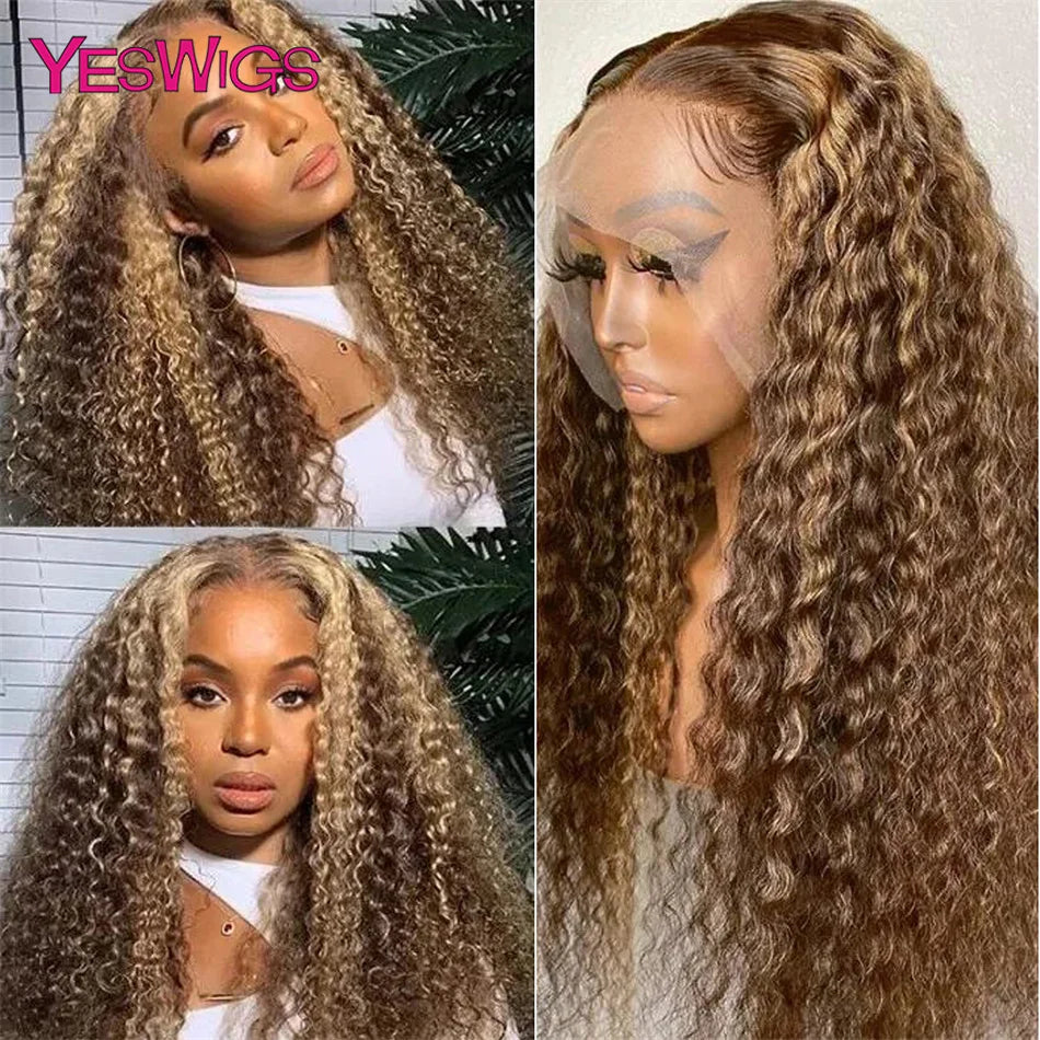 HD 13x6 Brown Lace Front Wig Honey Blonde Colored Curly Human Hair Wigs Highlight Wig Human Hair 13X4 Deep Wave Lace Frontal Wig