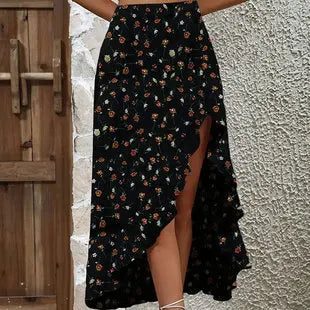 2024 New Black Style Women's Hollow Elastic Waist Frill Stretch Sleeveless Sheath Dress Women's Clothing Skirts Women's