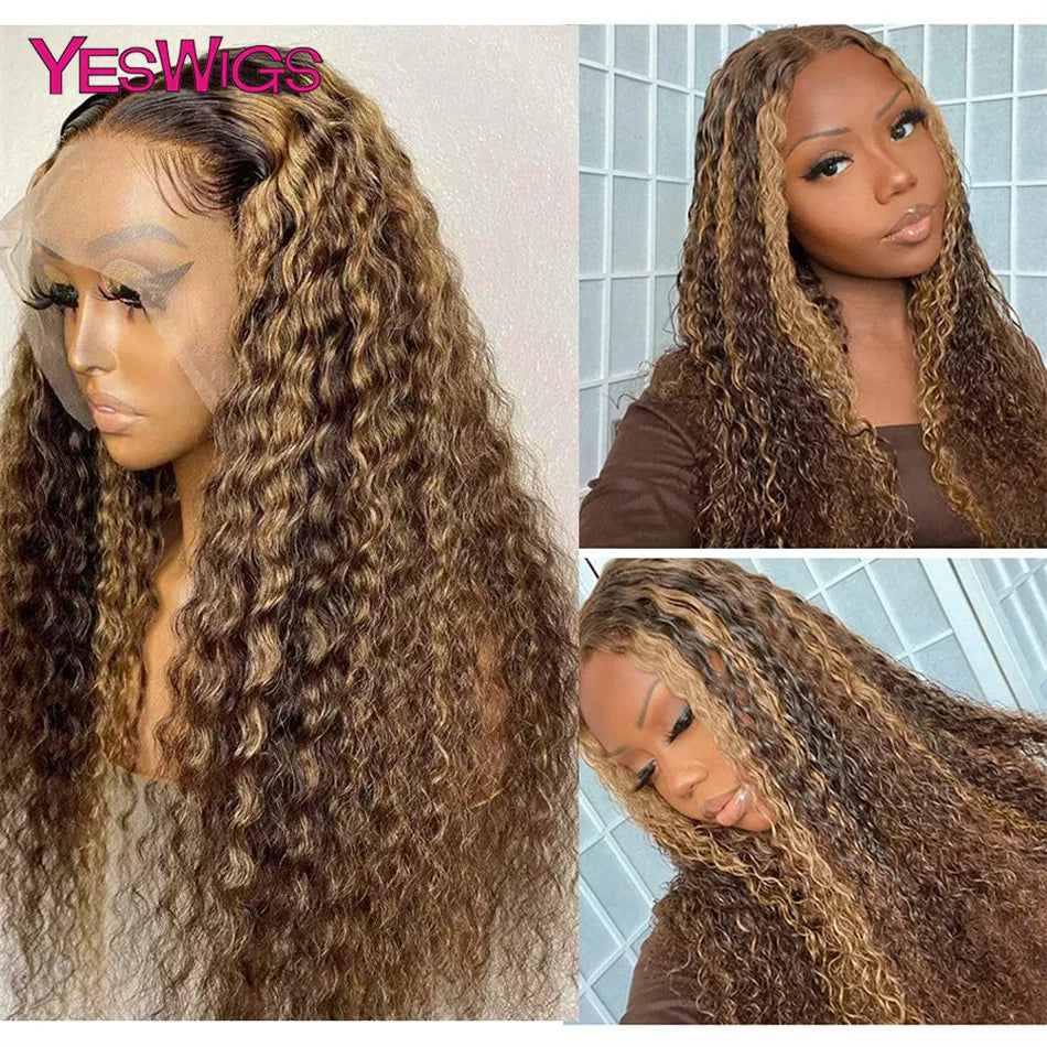 HD 13x6 Brown Lace Front Wig Honey Blonde Colored Curly Human Hair Wigs Highlight Wig Human Hair 13X4 Deep Wave Lace Frontal Wig
