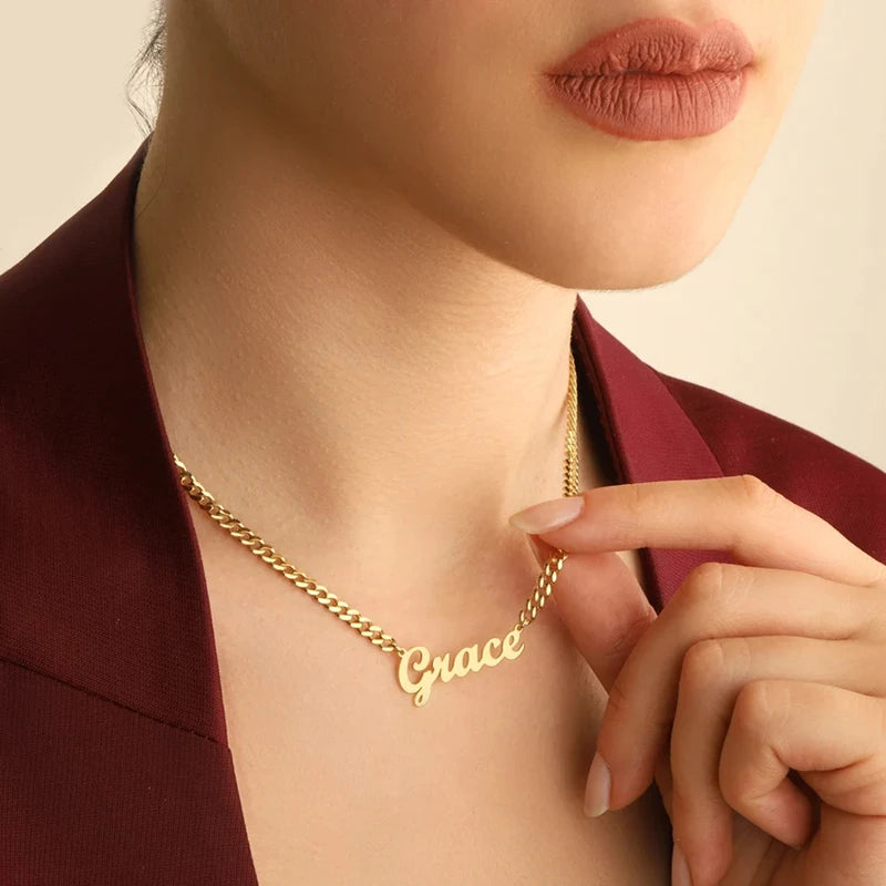 Stainless Steel Cuban Chain Customized Name Necklaces For Women Men Fashion Jewelry  Personalized Nameplate Pendant Necklace