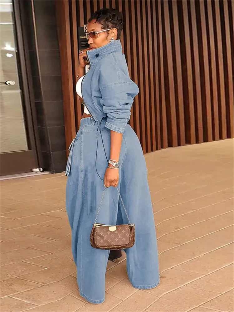Jeans Women High Waist Denim Bottom Boy Friend Straight Cargo Pockets Zip Pants Korean Streetwear