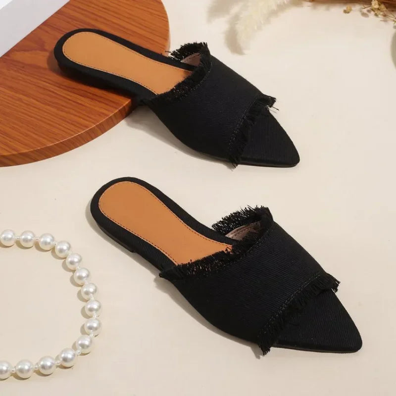 Women's Flat Stylish Beach Slippers, Denim Style, Summer Women's Pointed Cool Sandals Shoes for Women Zapatos Mujer
