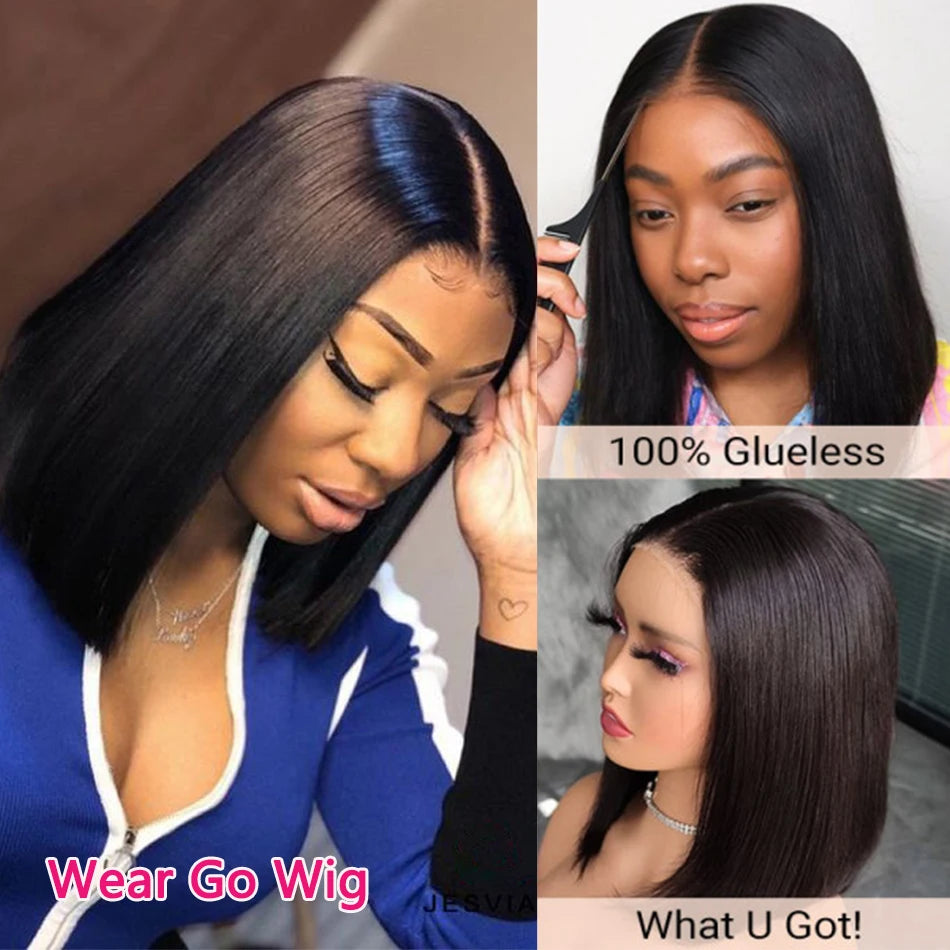 Glueless Wig Straight Short Bob Human Hair Wigs 13x4 HD Transparent Lace Frontal Peruvain Remy Hair Bob Glueless Wig