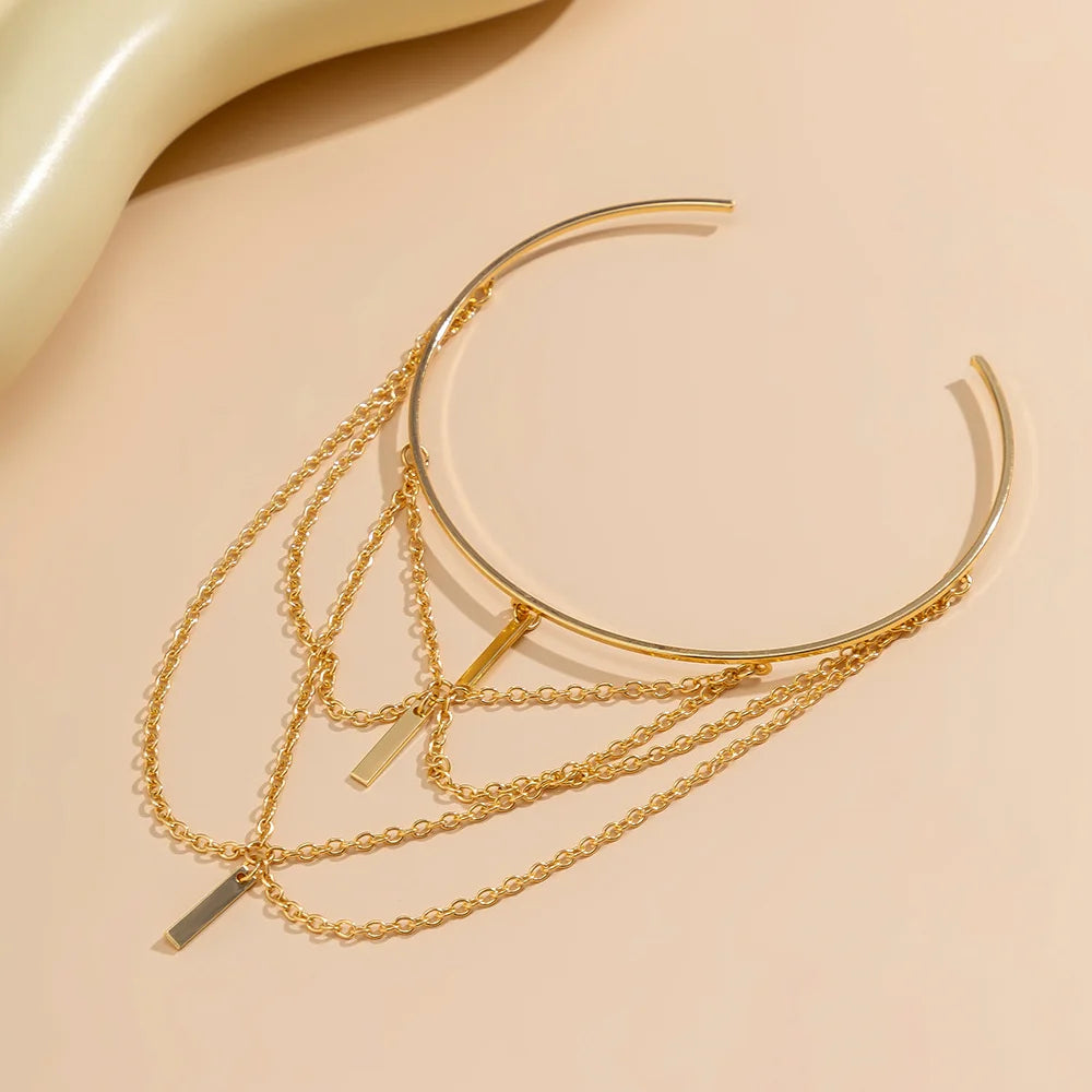 Gold Color Open Upper Arm Bracelet For Women New Fashion Rectangle Stick Charm Tassel Arm Bangle Party Jewelry Accessories