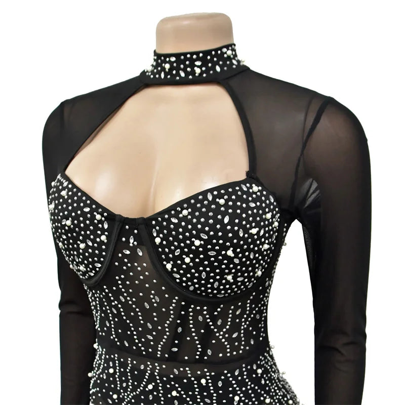 Luxury Autumn Women Skinny Diamonds Sparkly Sheer Mesh Jumpsuits Cut Out Rhinestone Black Sexy Party Evening Jumpsuit Rompers