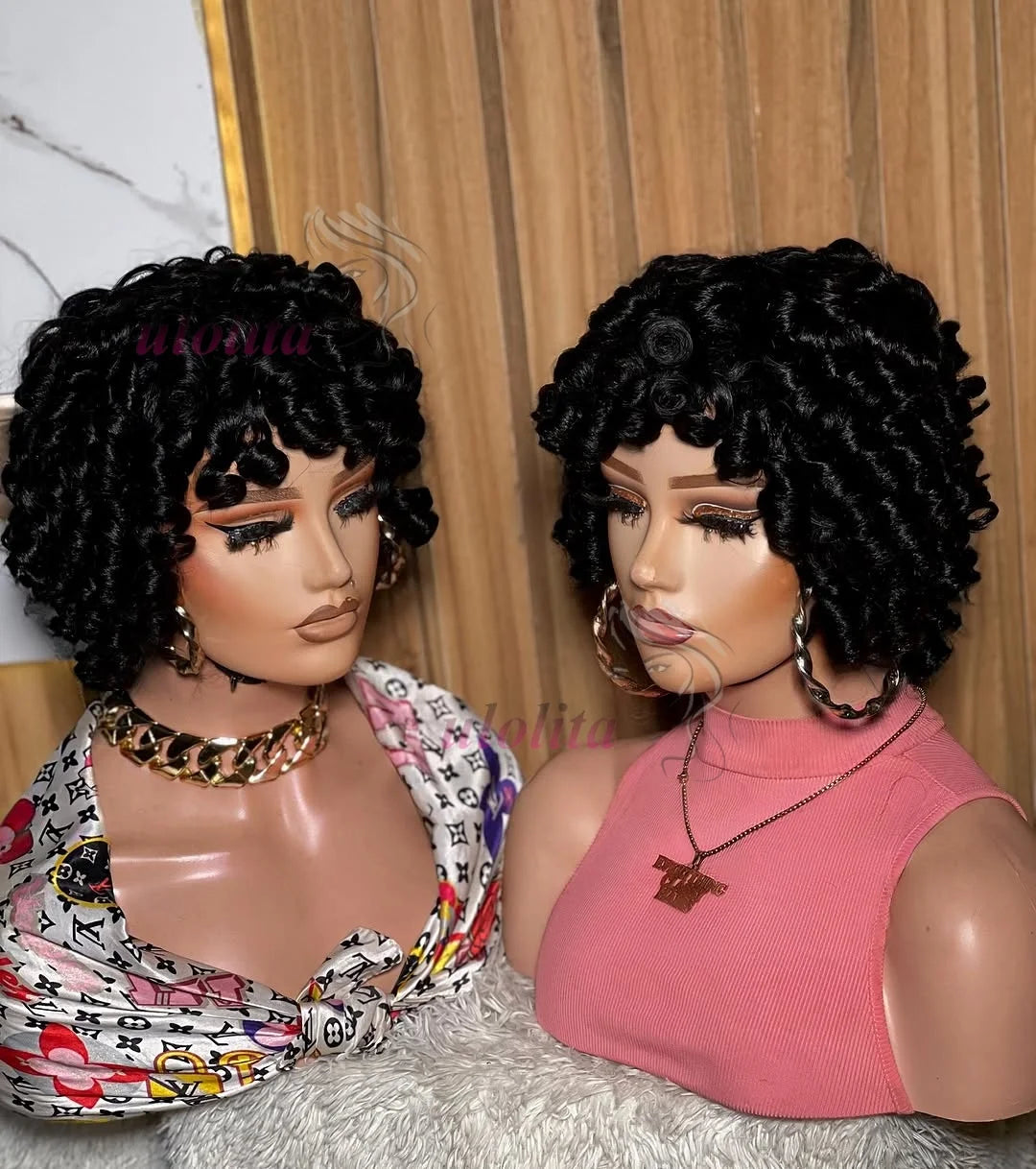 Bouncy Curly Human Hair Wig with Bangs – Pixie Cut Bob, Loose Wave 100% Remy Machine-Made Wig (200% Density)