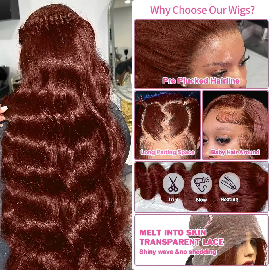 220 Density Reddish Brown 13x6 HD Lace Front Wigs Human Hair 13x4 Body Wave Colored Lace Frontal Wig 13x6 Chocolate Borwn Wig