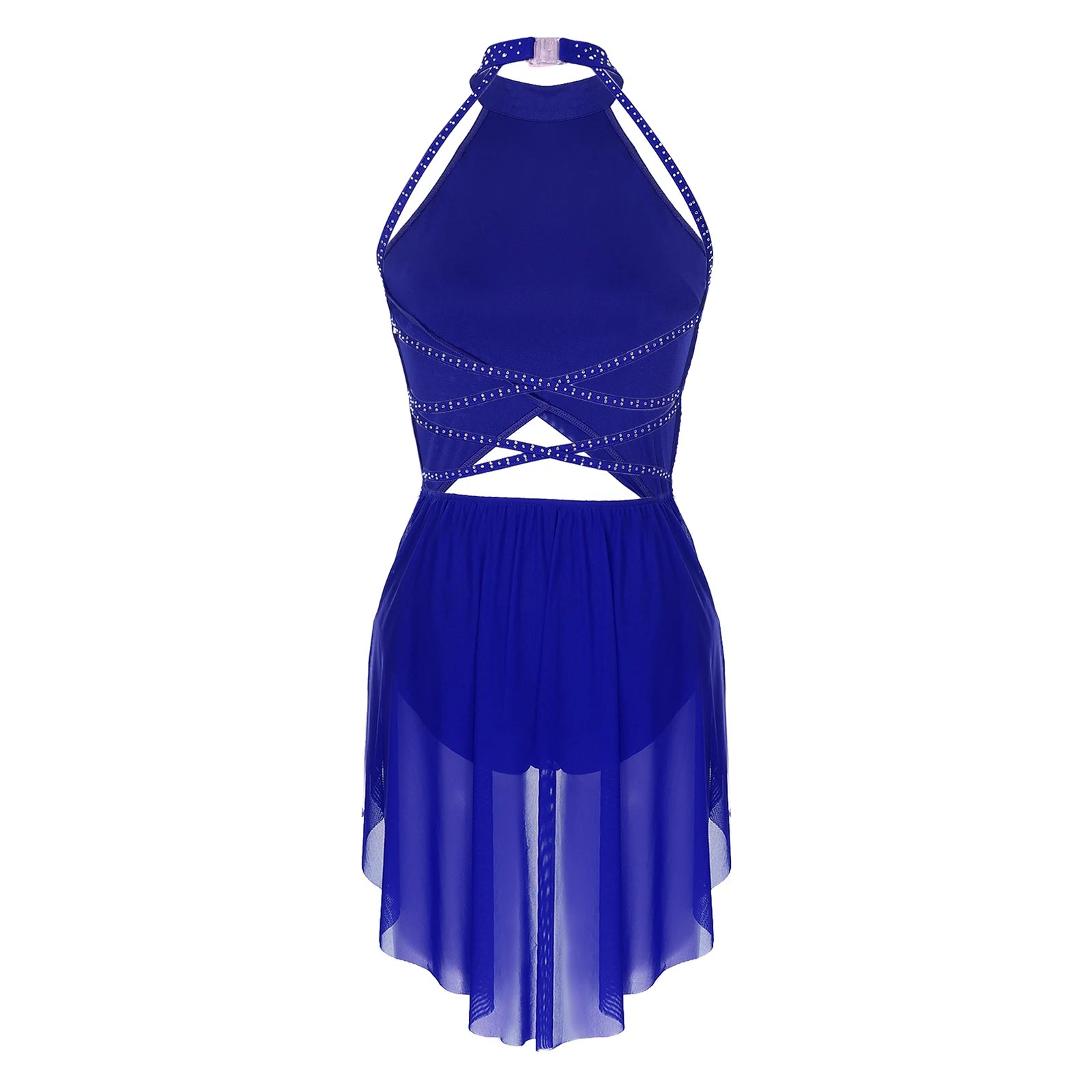Womens Lyrical Dance Dress Performance Costume Cutout Strappy Backless Sheer Mesh Overlay Glittery Rhinestone Leotard Dress