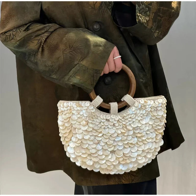 Handmade Shell Embroidery Woven Tote Bag – Luxury Straw Bucket Handbag with Wooden Handle